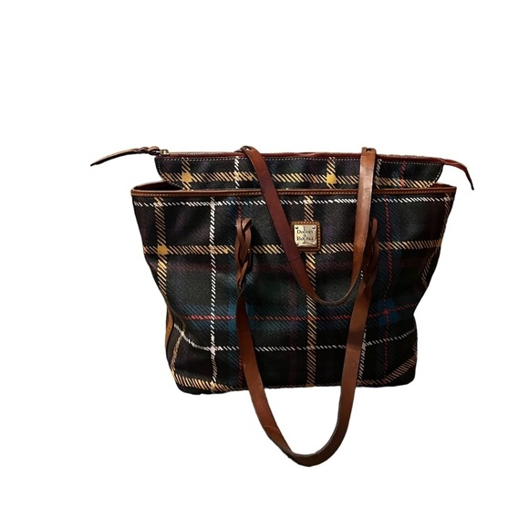 Dooney & Bourke Tartan Large Tote with Leather Straps and Trim.